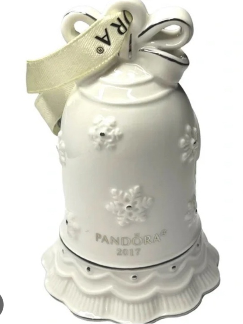 Pandora White Porcelain Bell Ornament with Cream Ribbon